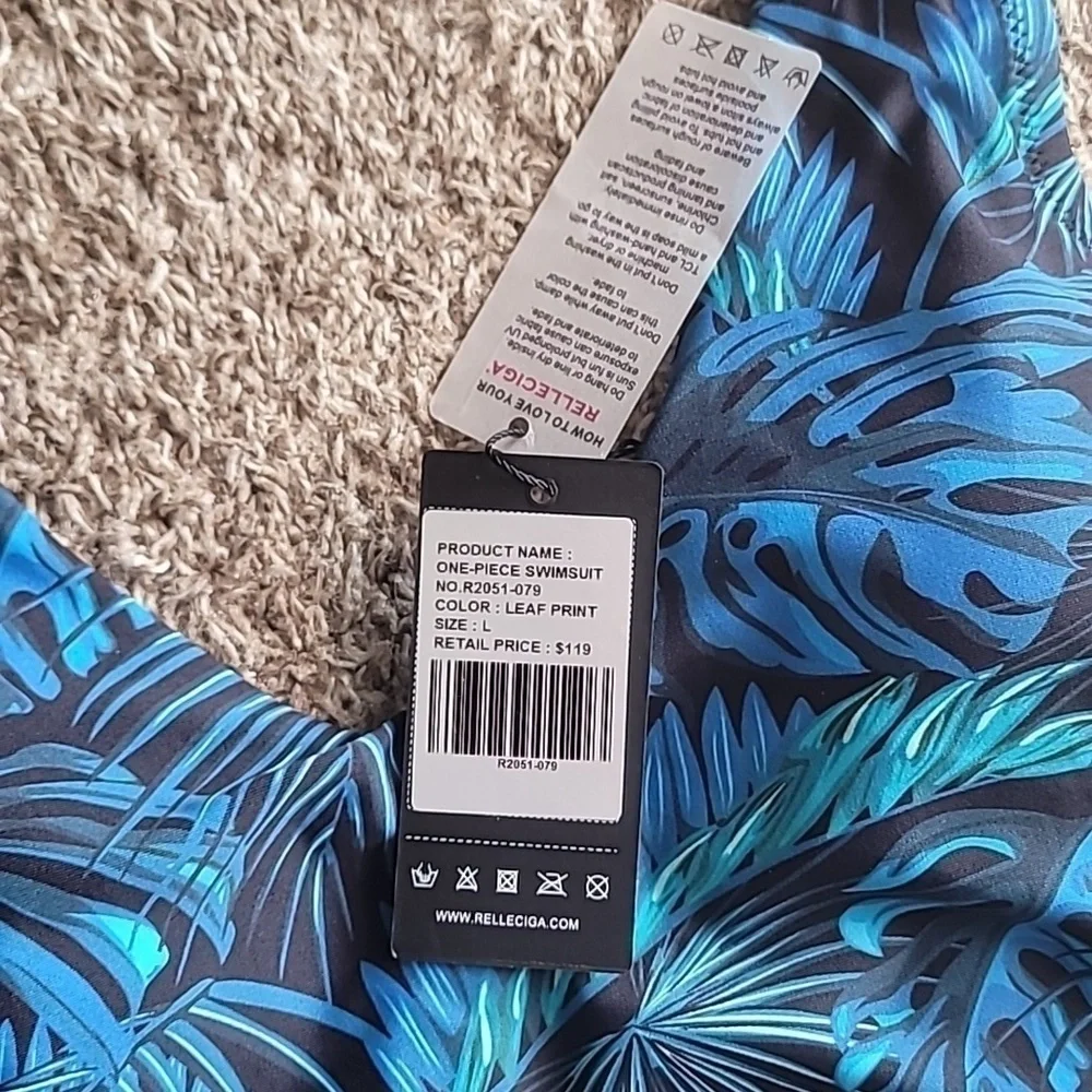 NWT Relleciga blue leaf high cut cheeky pads one piece swimsuit size L